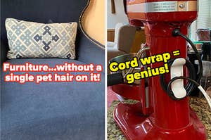 L: a reviewer's blue velvet chair with text on image "furniture...without a single pet hair on it" R: a white 3d-printed cord wrap