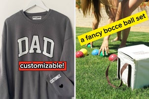 to the left: a sweatshirt that says "dad" to the right: a bocce ball set
