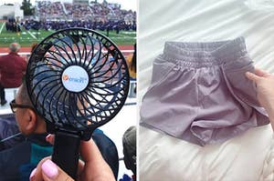 portable fan on the left and quick drying shorts on the right