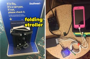 folding stroller fitting in sizer for southwest airlines overhead, charger with multiple charging ports