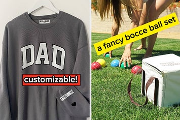 to the left: a sweatshirt that says "dad" to the right: a bocce ball set