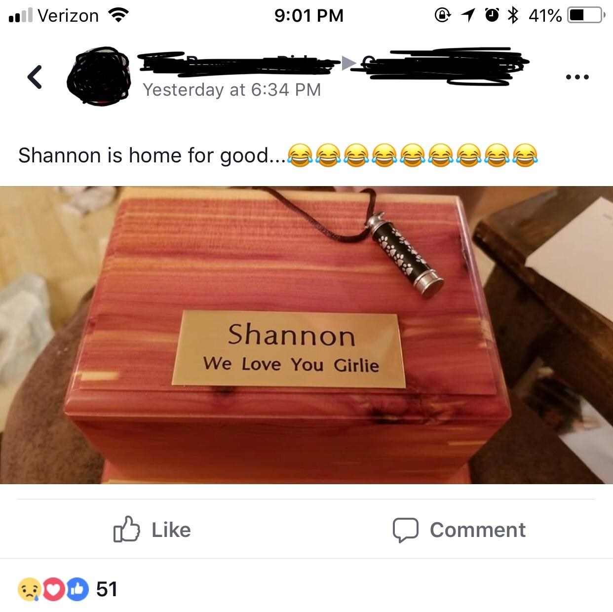 shannon is home for good with a box of ashes and the laughing crying emoji