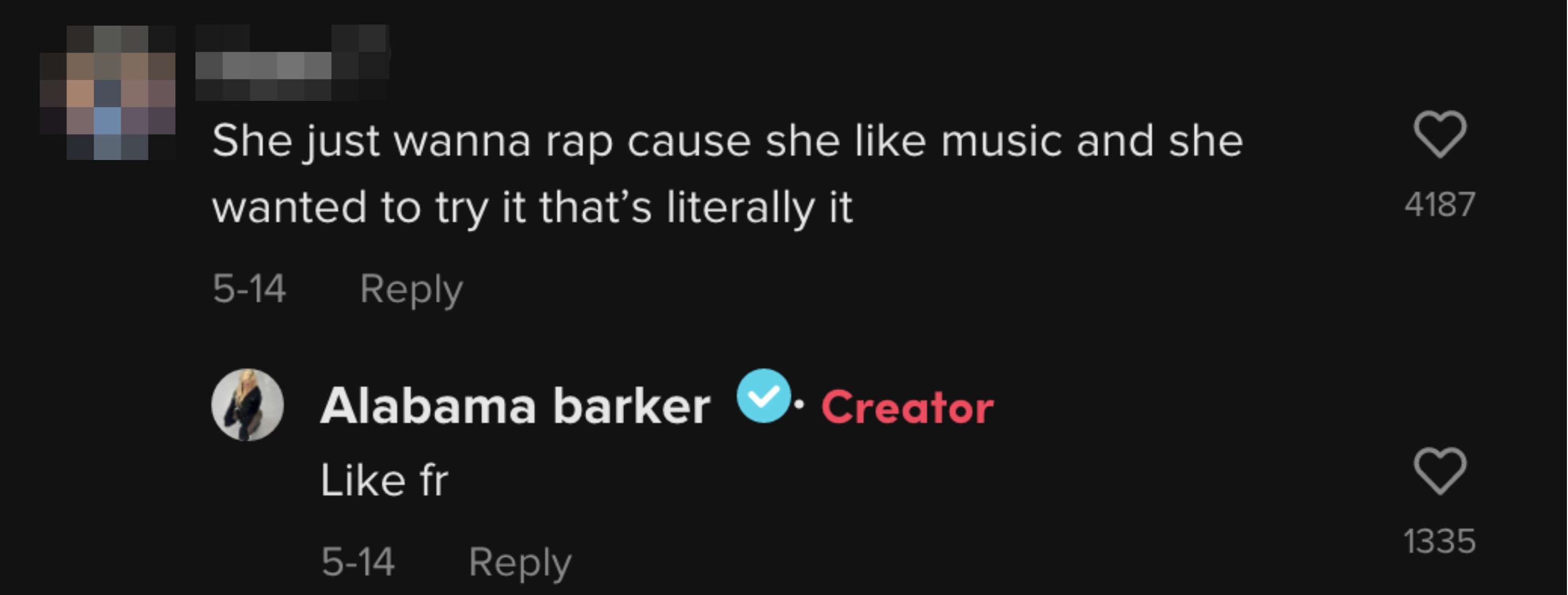 She just wanna rap cause she like music and she wanted to try it that's literally it