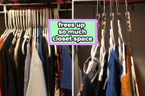 the waterfall hanger solution before "frees up so much closet space", and after