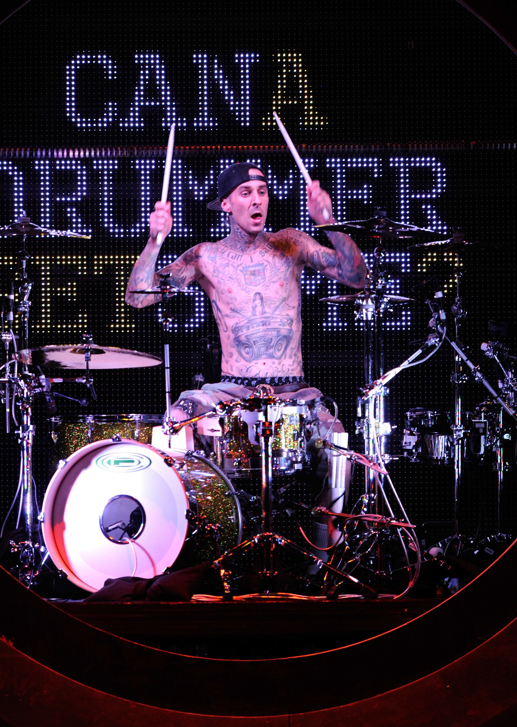 Travis Barker playing the drums