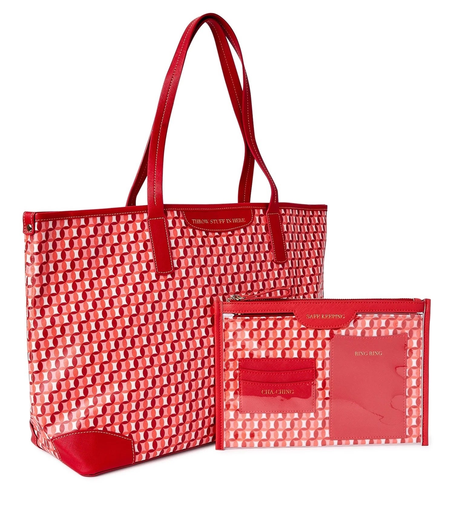 A red tote bag and matching red pouch
