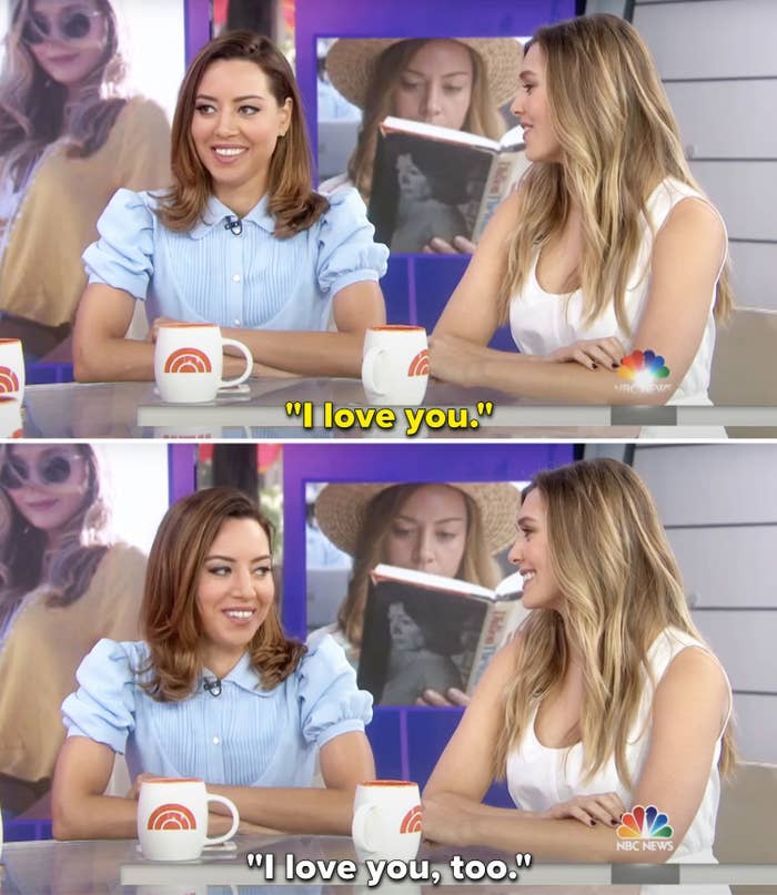 Closeup of Aubrey Plaza and Elizabeth Olsen telling each other "I love you" during a press interview