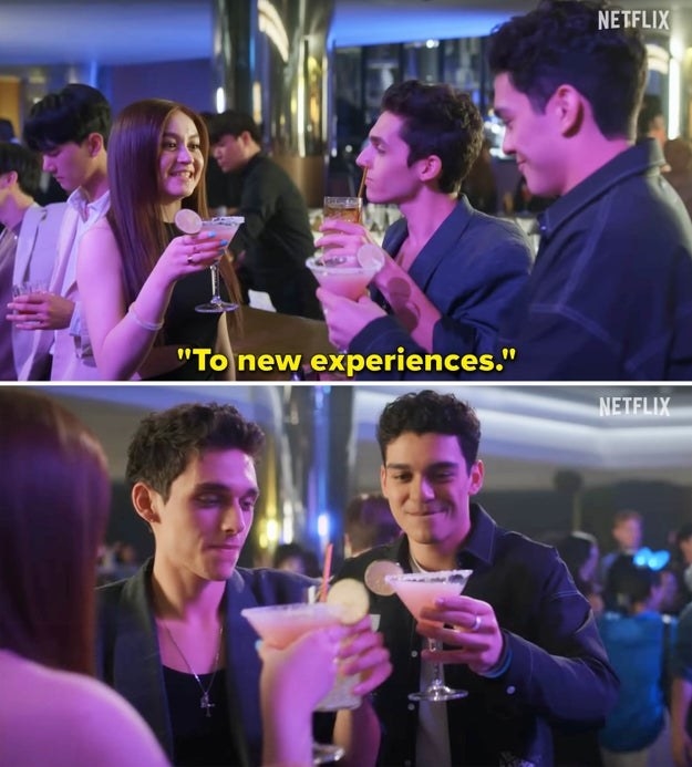 A scene where three characters are making a toast &quot;To new experiences&quot;