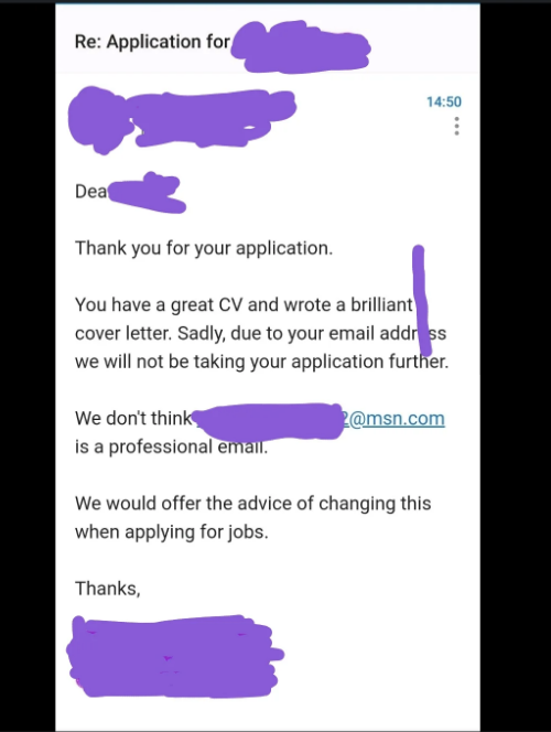 This email says the person has a great resume and brilliant cover letter, but the hiring team don&#x27;t believe the applicant has a professional email