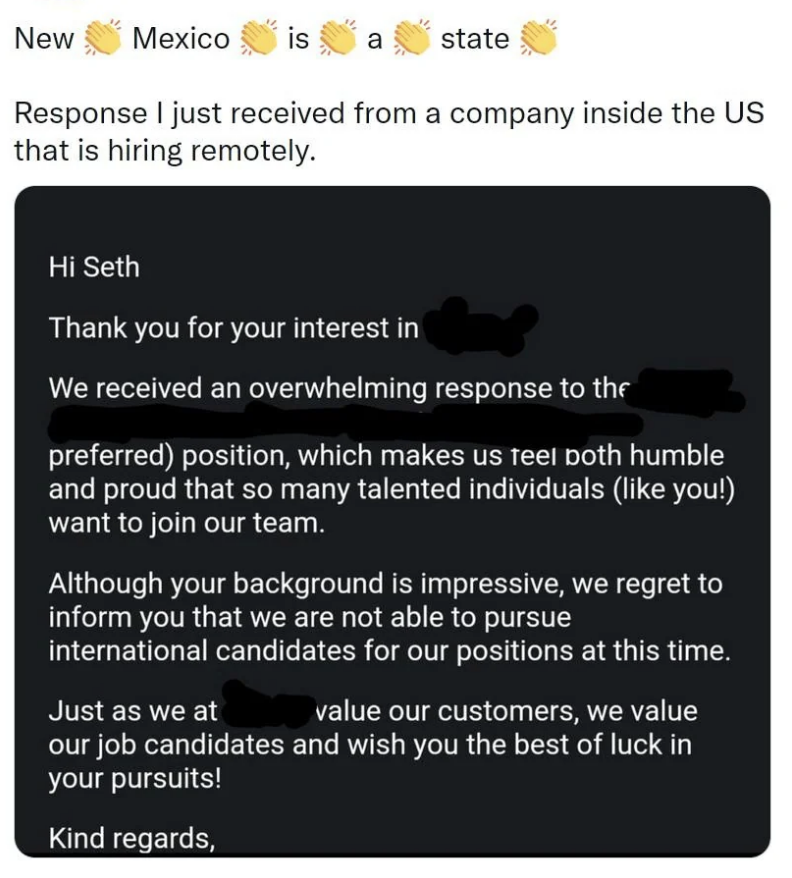The email says the company is not accepting international applicants, but the applicant is from New Mexico