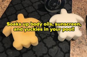 Clean white turtle-shaped sponge next to the same shape sponge that's slightly orange and text on image "soaks up body oils, sunscreen, and yuckies in your pool"
