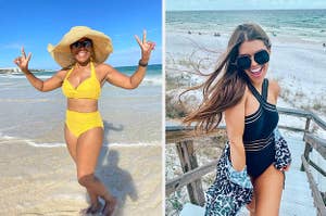 yellow bikini on the left and black one piece on the right