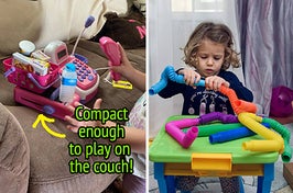 A child playing with a toy cash register with toy groceries on a couch/A child connecting colorful tubes together