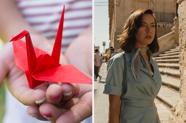 On the left, someone holding a paper crane, and on the right, Aubrey Plaza standing in an Italian city as Harper on The White Lotus