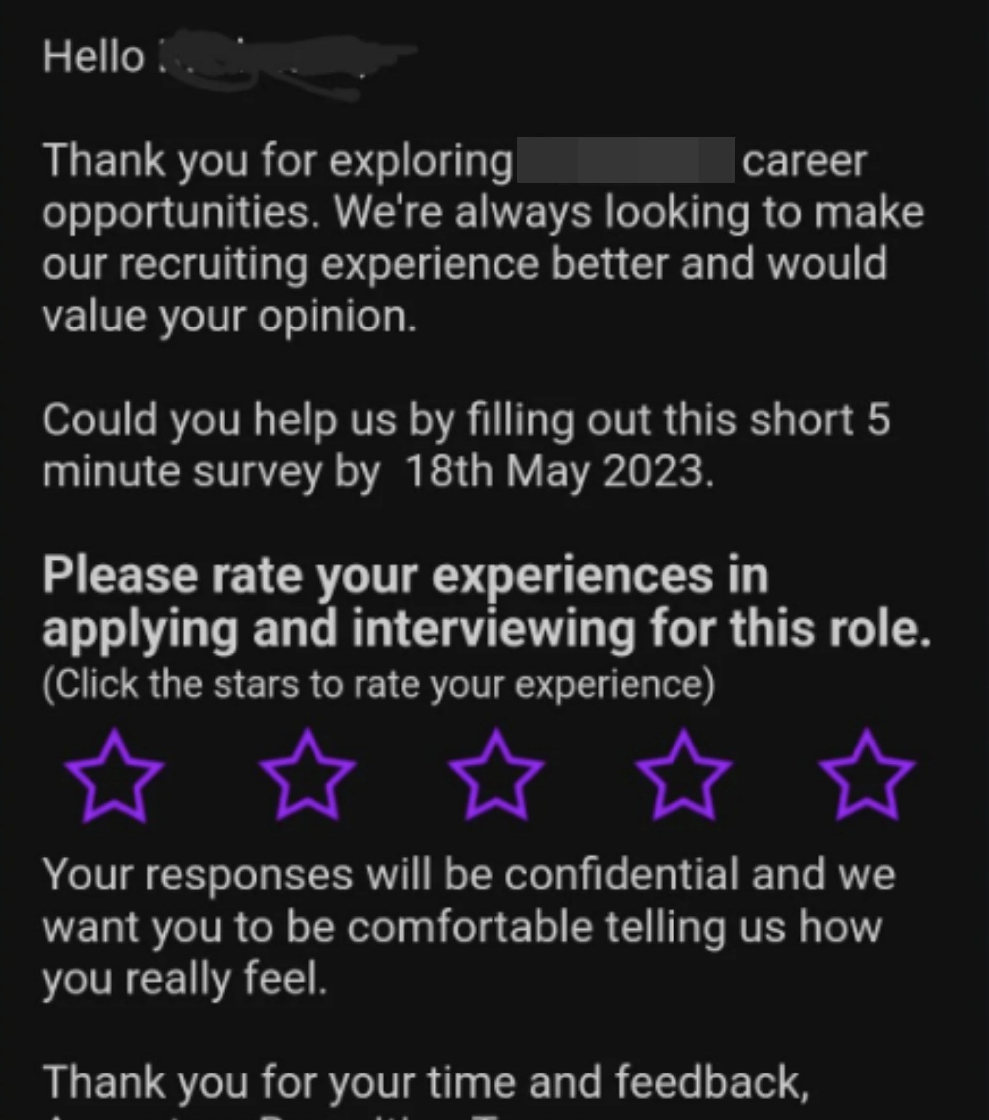 The email includes stars to give feedback on the application and interview process, and gives a deadline by which the survey must be completed