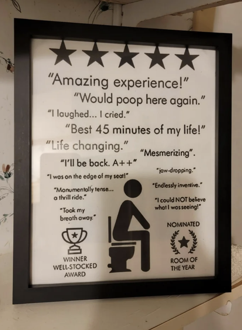 Bathroom poster with reviews like, &quot;Amazing experience! Would poop here again!&quot; and the toilet symbol