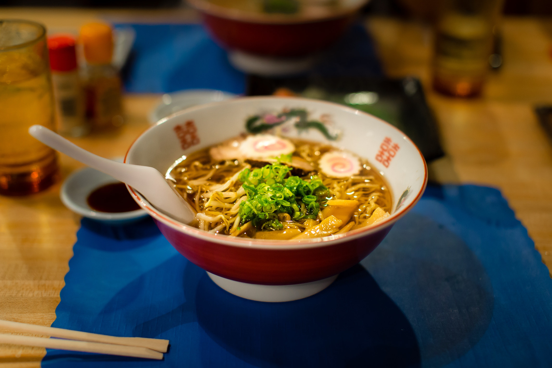 A bowl of traditional Japanese ramen noodles in a Tokyo restaurant