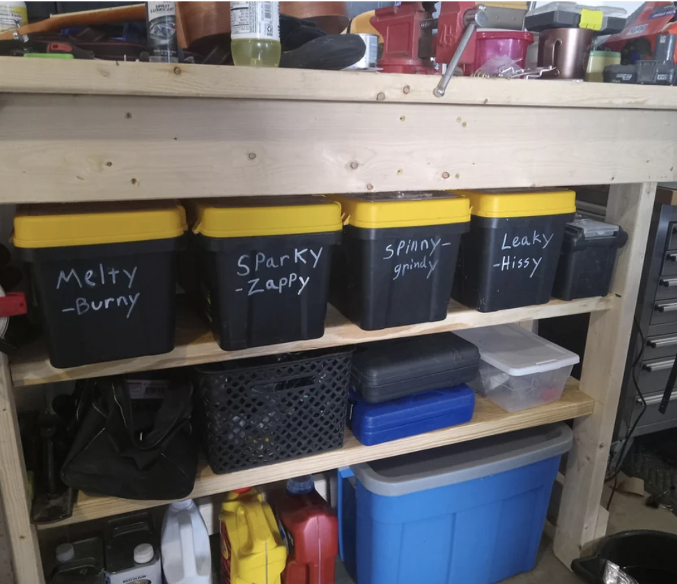 Toolboxes with handwritten notes like &quot;Melty-burny&quot; and &quot;Sparky-zappy&quot;