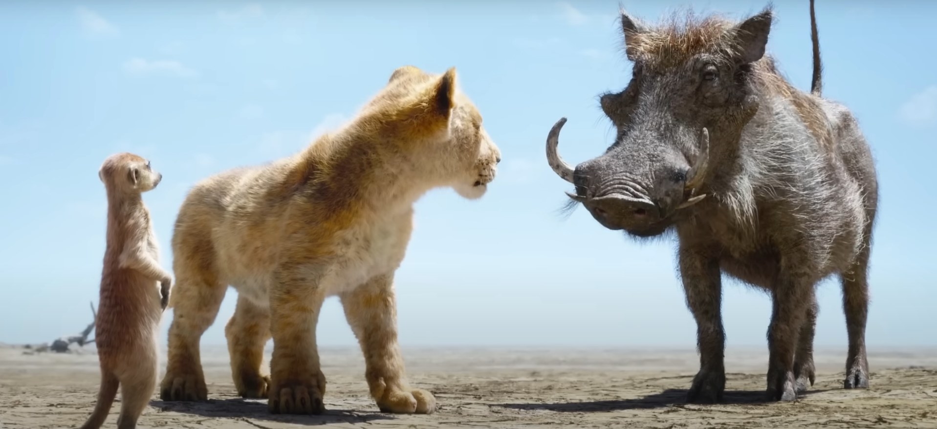 Animated characters Simba, Timon, and Pumbaa from The Lion King in a still from the film