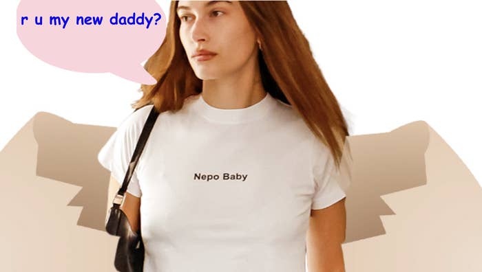 Hailey Bieber wearing nepo baby shirt and asking, r u my new daddy
