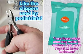 L: a reviewer holding toenail clippers and text reading "Like the clippers used by podiatrists!", R: a reviewer photo of deodorant wipes and a quote reading ""I use these wipes after long walks in summer heat when I’m not at home to shower."