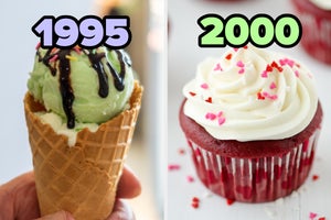 On the left, a pistachio ice cream cone labeled 1995, and on the right, a red velvet cupcake labeled 2000