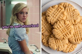 On the left, Cassie from Glee standing in front of a public bathroom mirror labeled you're self-absorbed, and on the right, a plate of peanut butter cookies