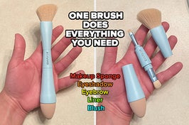 a reviewer holding the brush when it's put together at its largest size / a reviewer holding the bush taken apart to show all four options "one brush does everything you need: makeup sponge, eyeshadow, eyebrow, liner, blush"