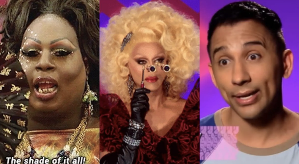A three-way split showing two drag queens talking to the camera, and RuPaul peering through opera glasses