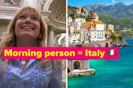 two images: on the left is lizzie mcguire in front of the trevi fountain in italy, on the right is buildings on the water in italy