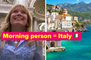 two images: on the left is lizzie mcguire in front of the trevi fountain in italy, on the right is buildings on the water in italy