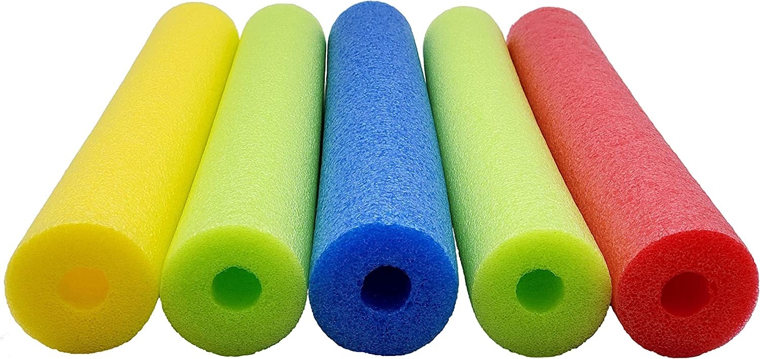 Five multi-colored pool noodles in yellow, green, blue, and red