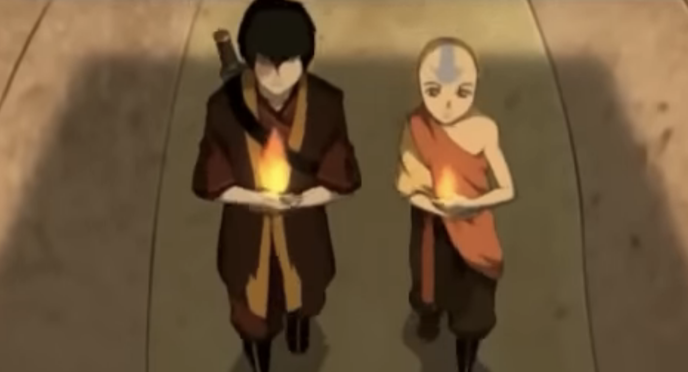 A clip from &quot;Avatar the Last Airbender&quot; of Aang and Zuko holding small flames