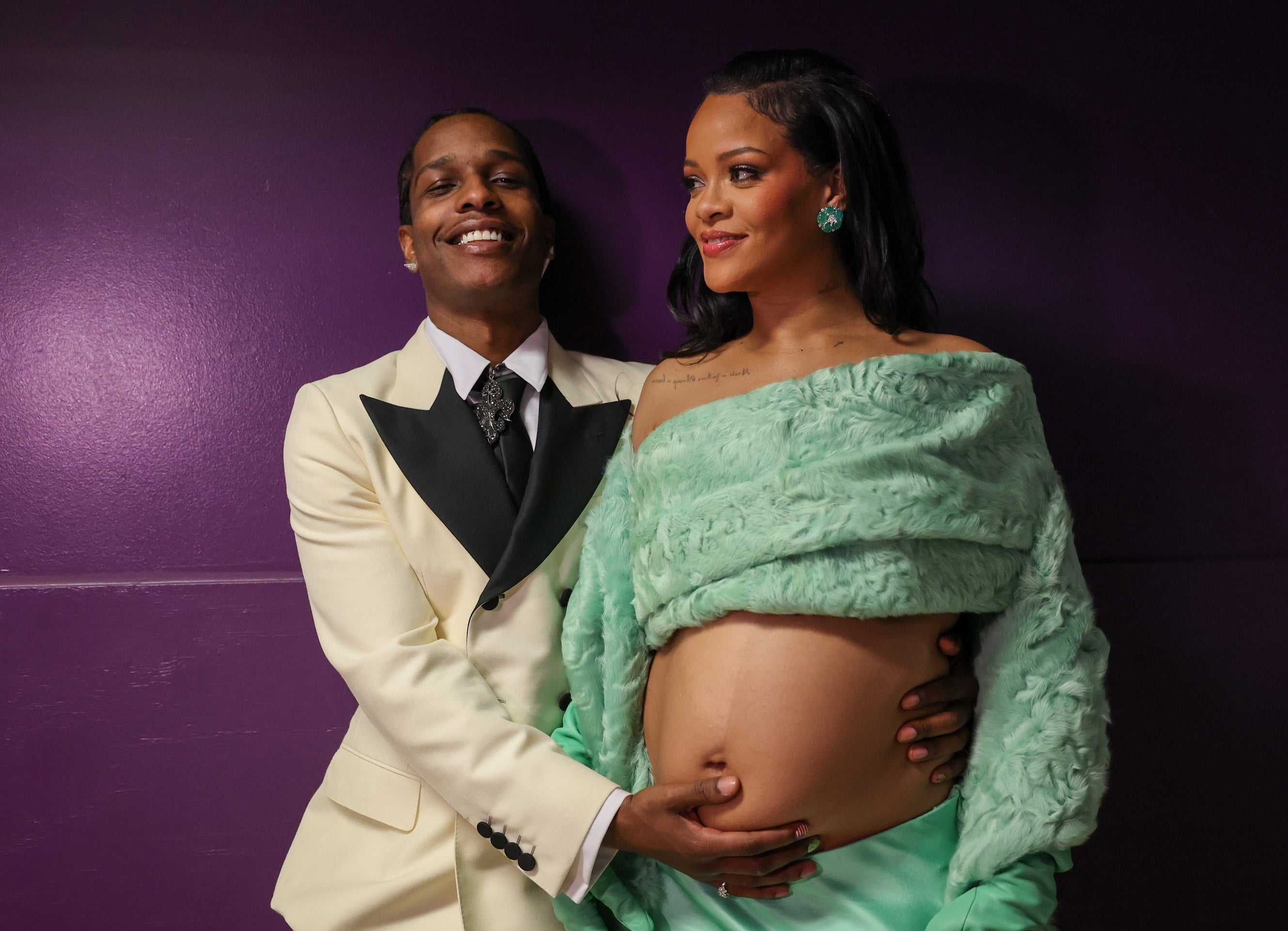 A closeup of ASAP and Rihanna
