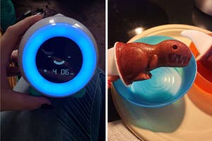 a glowing clock to let kids know to stay asleep / a dino ice pop