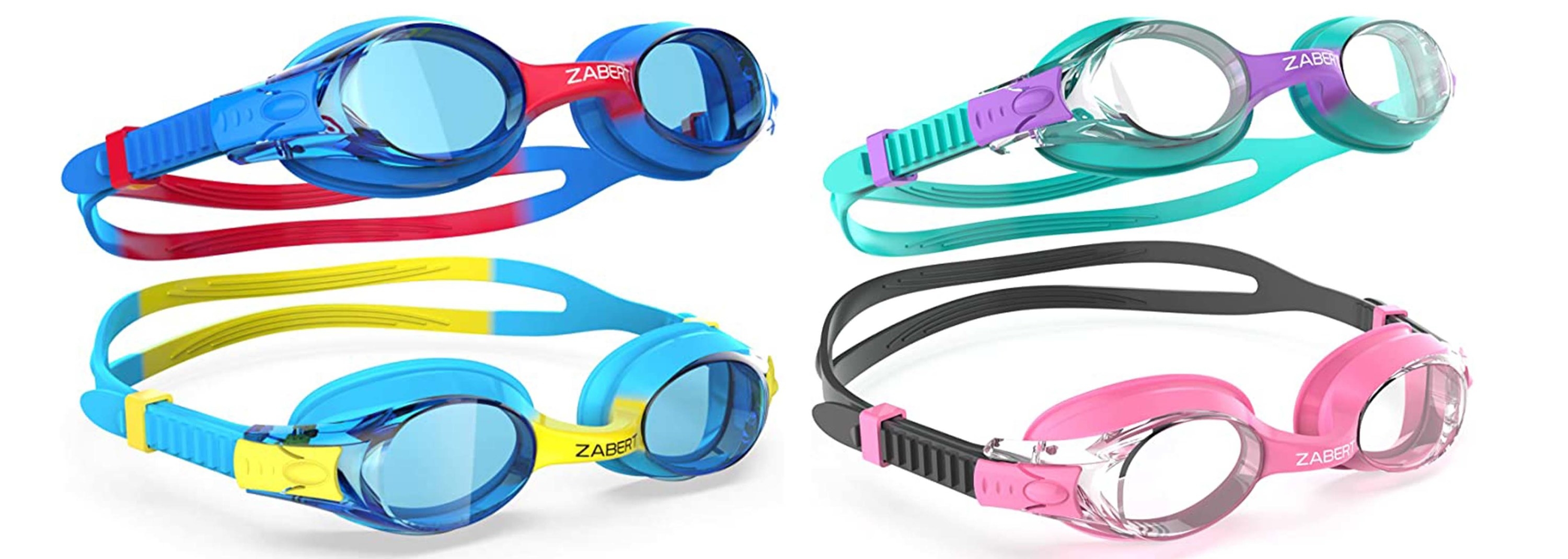 Four images of different dual-colored swimming goggles