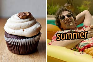 On the left, a peanut butter and chocolate cupcake, and on the right, Andy Samberg floating on a pool float as Nyles in Palm Springs labeled summer