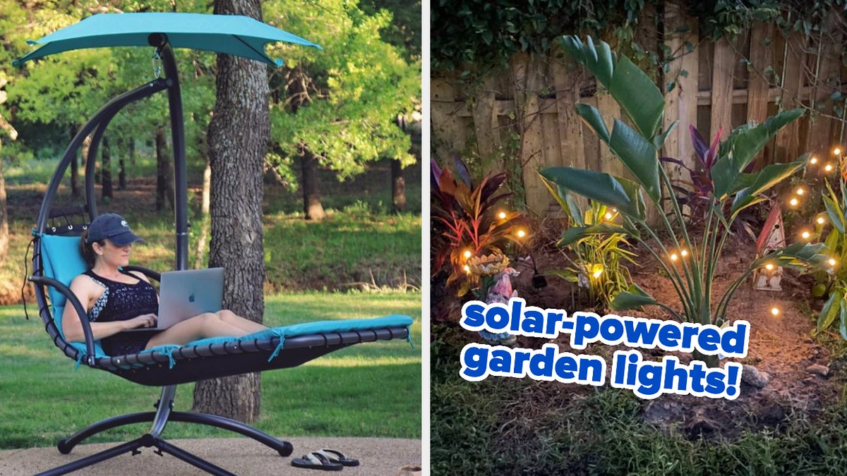 reviewer sitting in an outdoor chair with umbrella over it / reviewer swaying solar-powered garden lights