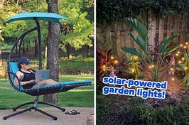 reviewer sitting in an outdoor chair with umbrella over it / reviewer swaying solar-powered garden lights