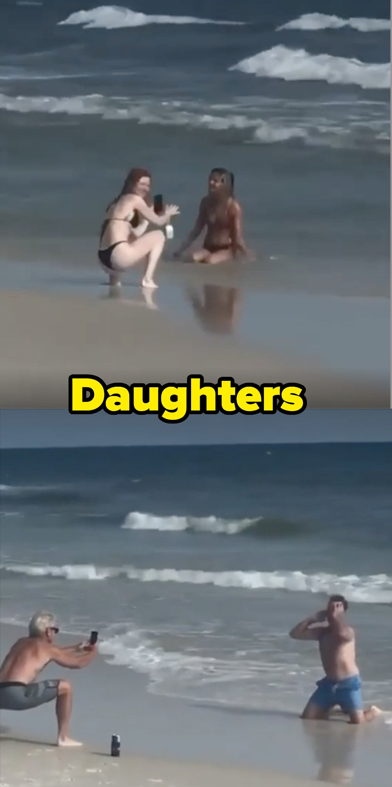 Two girls taking selfies of themselves frolicking at the beach and their dads imitating them