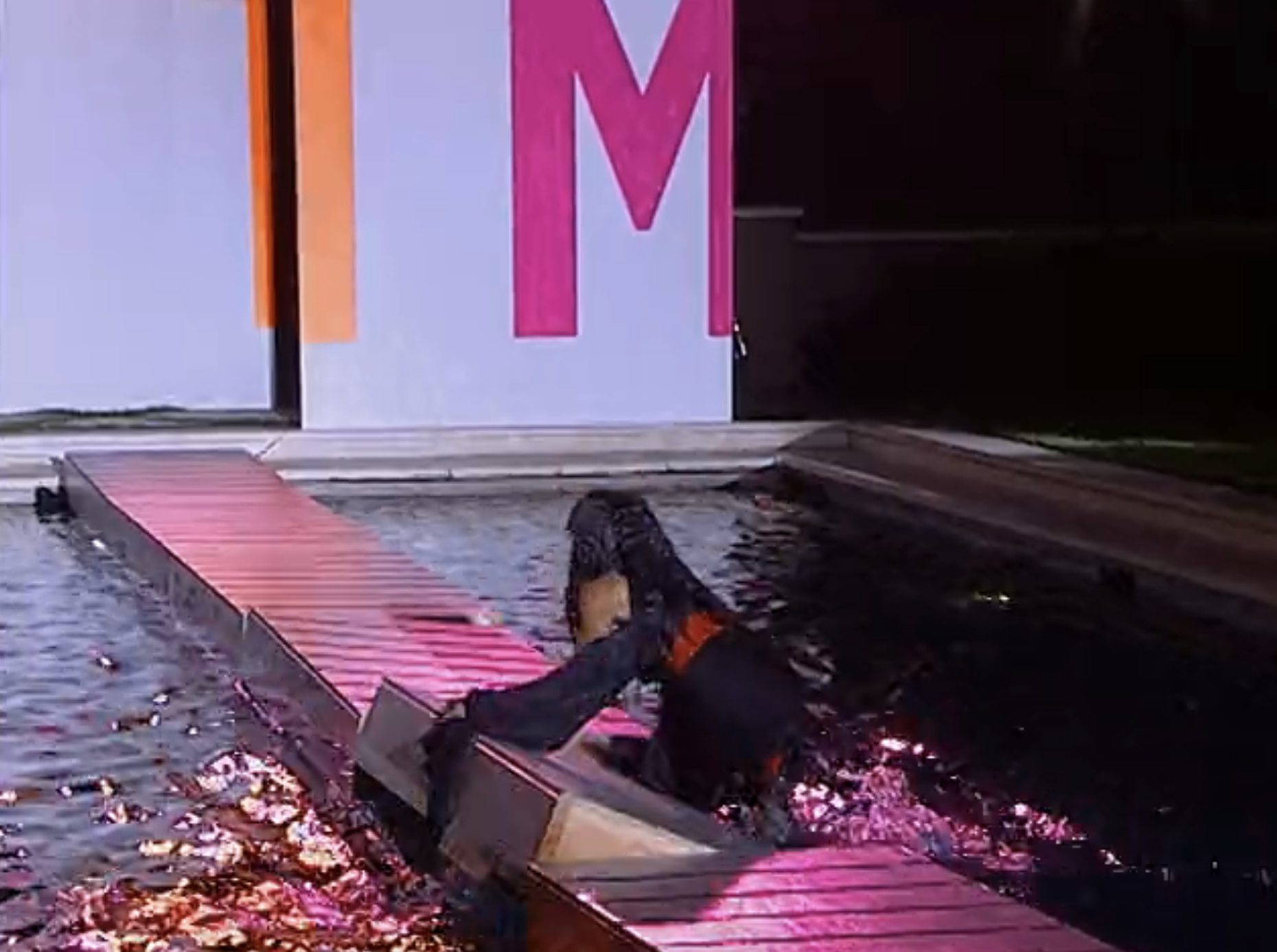 A contestant falls into the water