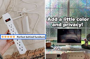 an ultra thin outlet concealer and text that reads "perfect behind furniture"; prismatic privacy film on a window and text that reads "Add a little color and privacy"