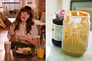 On the left, Jess from New Girl sitting in front of a breakfast plate, and on the right, a jar of jelly and a jar of peanut butter