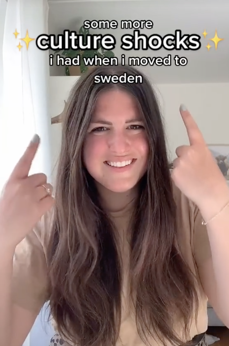 Madeline points to text that reads "some more culture shocks I had when I moved to Sweden"
