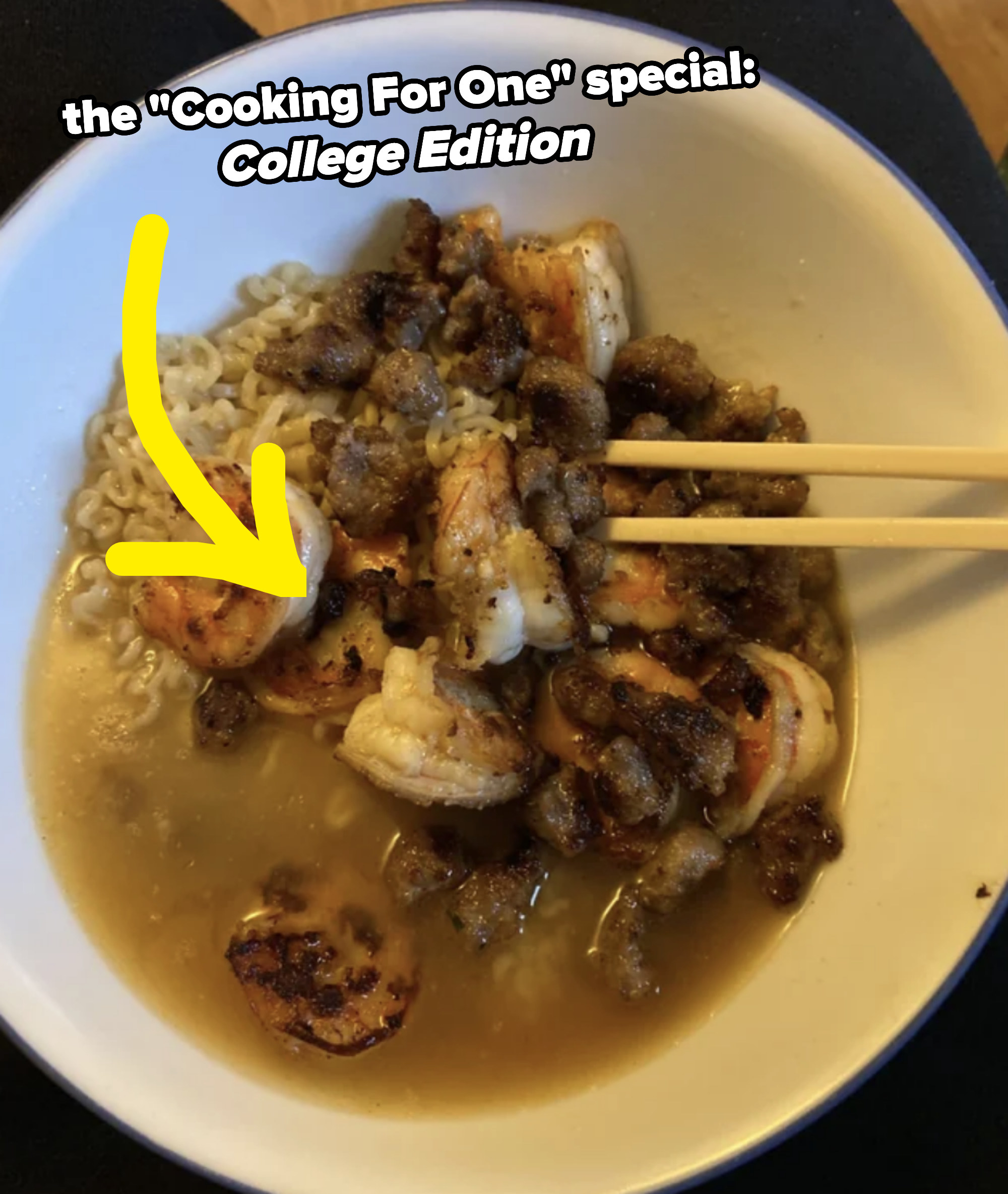 arrow pointing to ground meat, shrimp, and ramen in soup with text saying that it&#x27;s the cooking for one special: college edition
