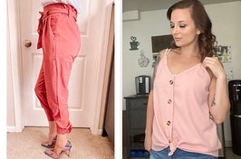 A reviewer wearing pink pants and a reviewer wearing a pink top 