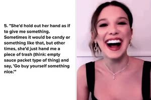 A funny story from a commenter about their ex handing them small pieces of trash next to Millie Bobby Brown laughing