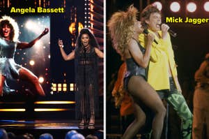 Angela Bassett gives a speech onstage mentioning Tina Turner vs Tina Turner performs onstage with Mick Jagger