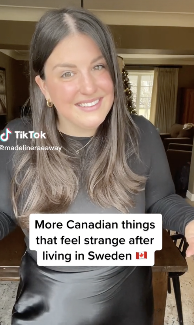 A TikTok screenshot: Madeline smiles and introduces text that reads, "More Canadian things that feel strange after living in Sweden"