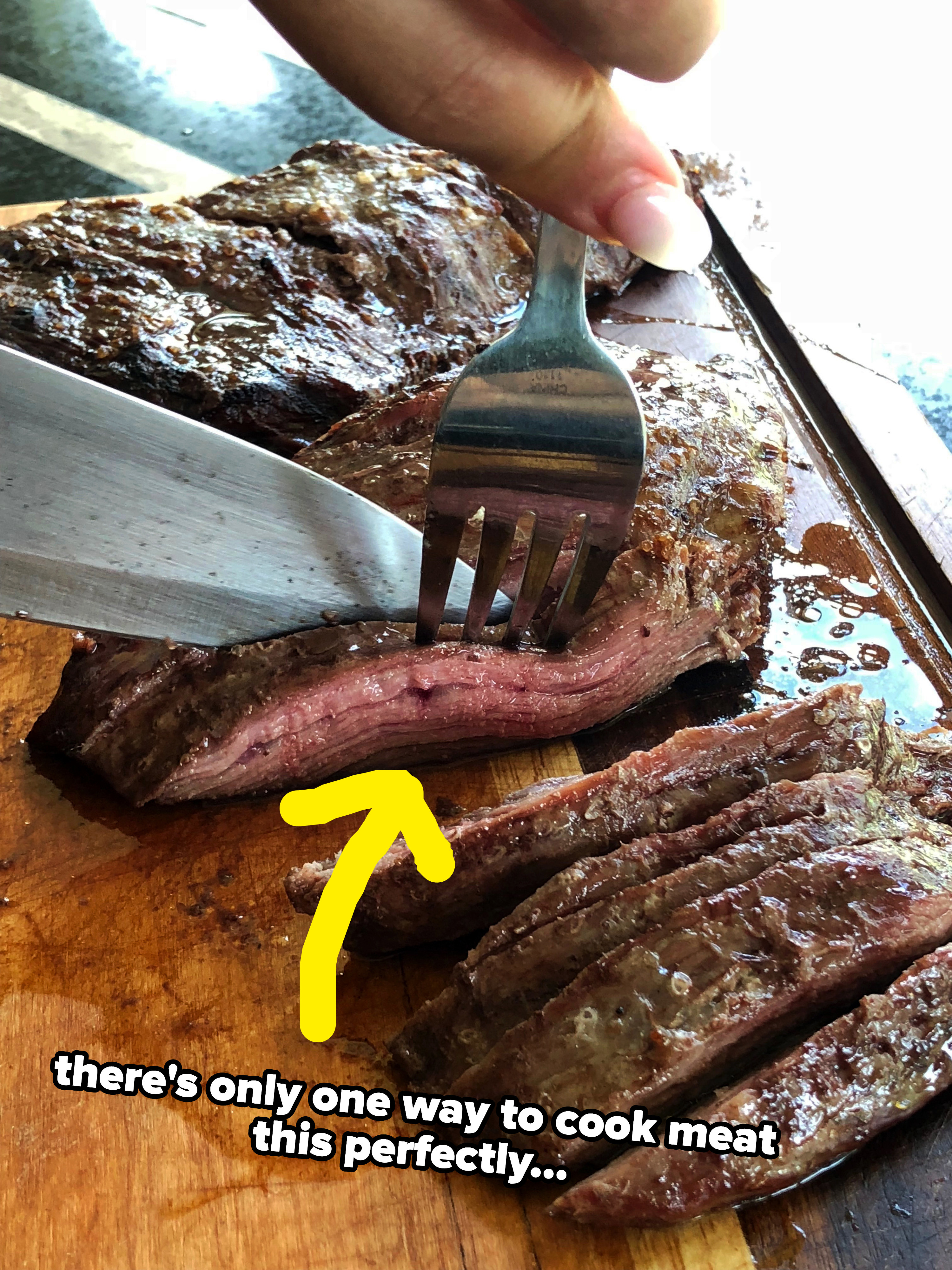 arrow pointing to perfect medium rare steak with text saying there&#x27;s only one way to cook meat this perfectly